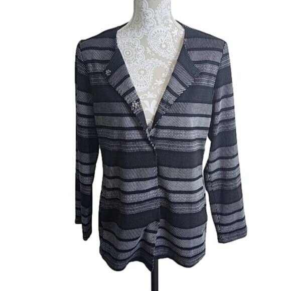 Chico's Jacket Knit Jacquard Black White Striped Pockets Women's Medium - Picture 2 of 7
